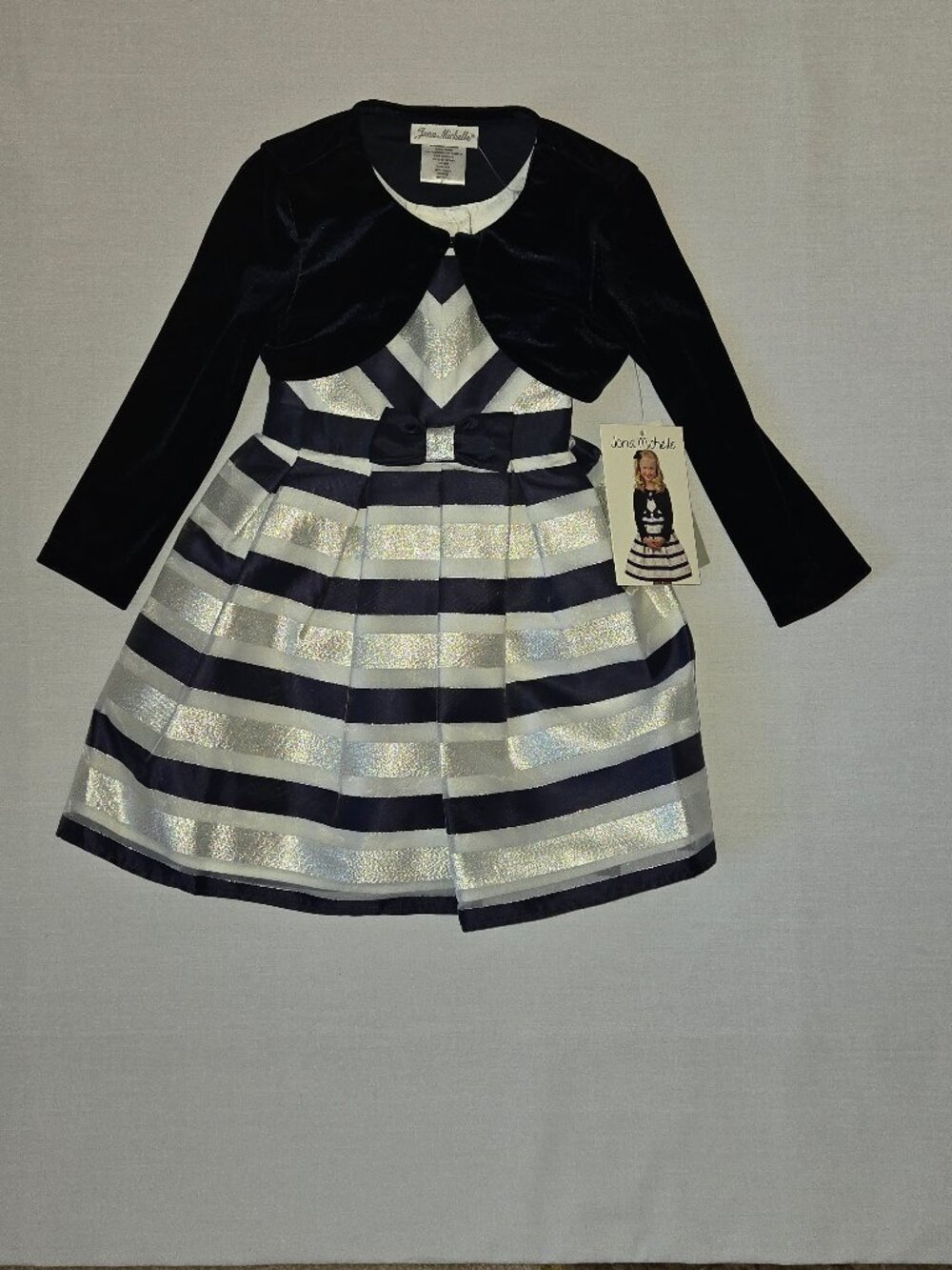 NWT Girls Navy Silver Stripe Dress 4T with Jacket Church Formal Holiday
